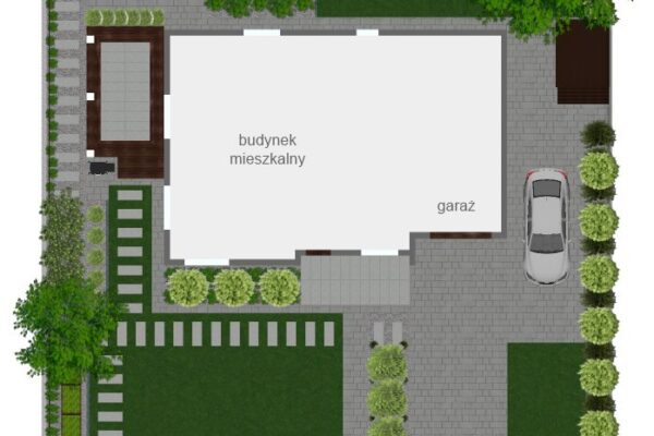 Plan ogrodu z szarym podjazdem i ścieżkami z płyt w trawniku