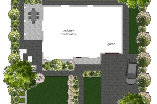 Projekt działki z grafitową kostką brukową wokół domu i jasnym tarasem